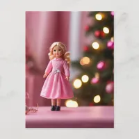 Adorable Christmas Doll in Pink Postcard