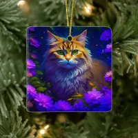 Ethereal Cat in Purple Flowers Christmas Ceramic Ornament