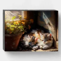 Napping Kittens in the Garden Shed Oil Painting Wooden Box Sign
