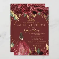 Burgundy Gold Floral Princess Sweet 16 Invitation