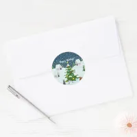 Christmas snow village with christmas tree classic round sticker