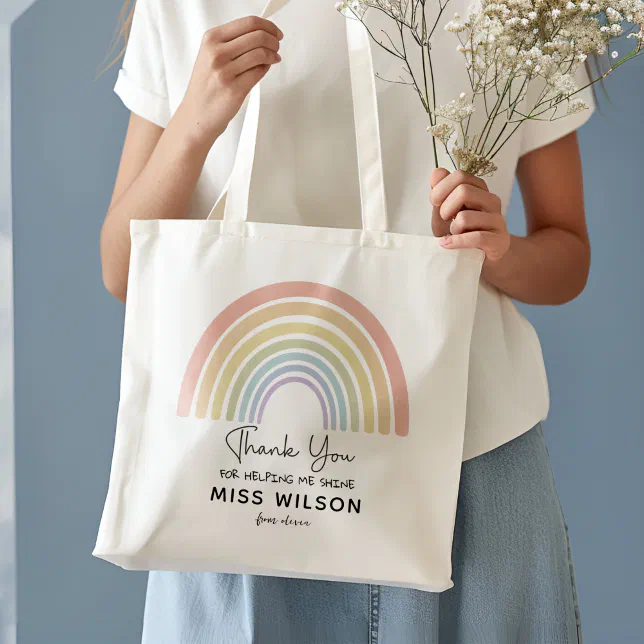 Modern watercolor rainbow teacher thank you gift tote bag