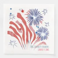 Red and Blue Watercolor Fireworks on White Paper Dinner Napkins