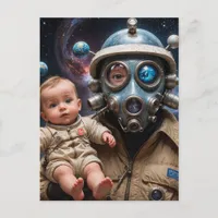 Gas Mask Alien with Baby in Space Postcard