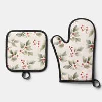 Watercolor Pattern Holly and Berries Oven Mitt & Pot Holder Set