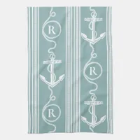 Monogram Nautical Anchor Rope Neutral Turquoise Kitchen Towel