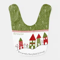 Cute green&red village in the snow at Christmas Baby Bib