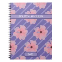 Pink Flowers And Stripes Personalized Notebook