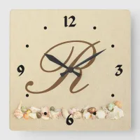 Monogram Seashells on Beach Sand Personalized Square Wall Clock