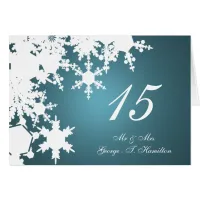 blue snowflakes winter wedding table seating card