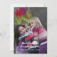 Text overlay Watercolor Floral Christmas Photo Holiday Card