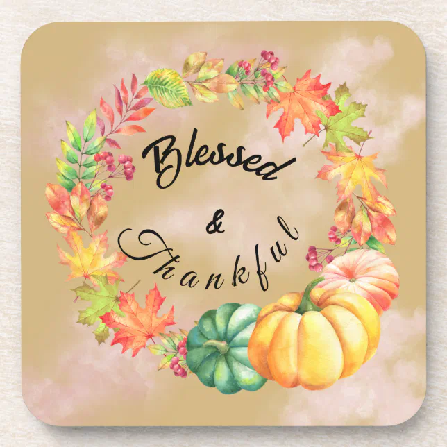 Blessed & Thankful Thanksgiving Watercolor Fall Beverage Coaster