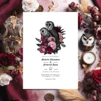 Vintage Glam Burgundy Owls Gothic Wedding QR Code  Invitation