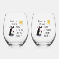 Toes in the Sand Wine in My Hand Funny Cat Stemless Wine Glass