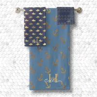 Boys Metallic Gold Monogrammed Navy Blue Sailor Bath Towel Set