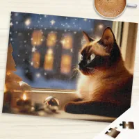 Beautiful Siamese Cat by Window Christmas Animal Jigsaw Puzzle