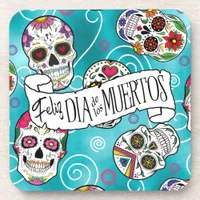 Sugar Skulls and Swirls Rose Turquoise ID725 Beverage Coaster