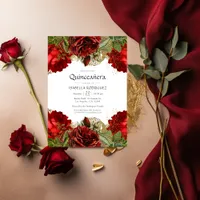 Burgundy Red and Gold Vintage Roses Quincea&#241;era Invitation