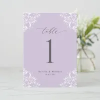 Elegant Lavender Wedding Table Numbers Cards 5x7