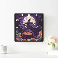 A witch brews potions under a full moon at night square wall clock