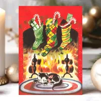 Vintage Christmas Cat Stockings Fireplace Holiday Card