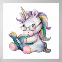 Cute Unicorn in Eyeglasses Reading a Book Poster