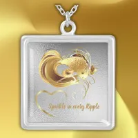 Gold goldfish on silver foil monogram | silver plated necklace