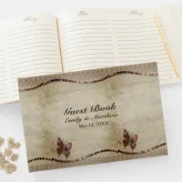 Antique Parchment, Lace, Shiny Beads & Butterfly Guest Book