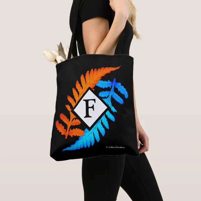 Blue Orange Japanese Painted Ferns Monogram Tote Bag