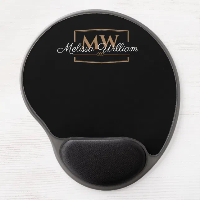 Elegant Black White Gold Monogram Name Script Gel Mouse Pad