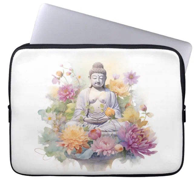 Watercolor Serene Buddha Pink Yellow Flowers Art Laptop Sleeve