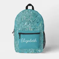 Liquid marble swirl teal blue green custom name printed backpack
