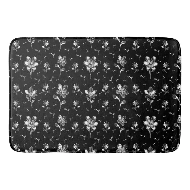 Flowers And Foliage Black And White Floral Bath Mat