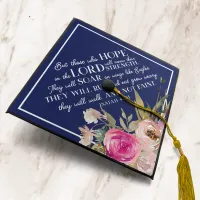 Navy Blue Pink Floral Bible Verse Isaiah 40 Graduation Cap Topper