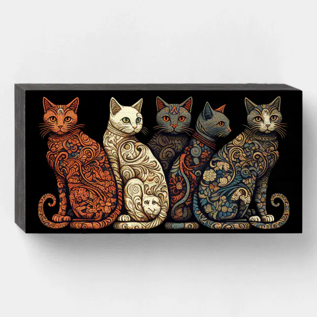 Group of Cats in Victorian Wallpaper Style Wooden Box Sign