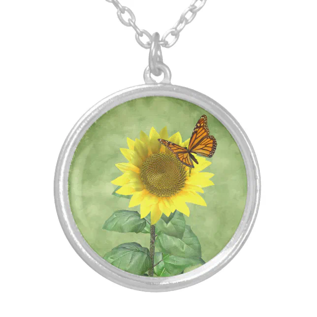 Pretty Sunflower and Butterfly Silver Plated Necklace