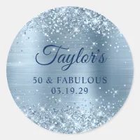 Glittery Light Blue Foil 50 & Fabulous Classic Round Sticker