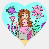 Tropical Under the Sea Red Haired  Mermaid Heart Sticker