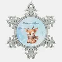 Cute Cartoon Deer in Snow Snowflake Pewter Christmas Ornament