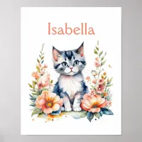 Personalized Gray Kitten in Pink Flowers Poster