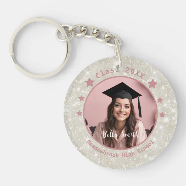 Modern Glitter Pink Photo Graduation  Keychain