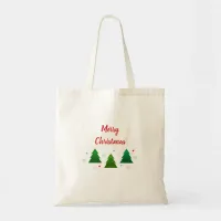 Christmas tree forest, snowflakes, red blue dots tote bag