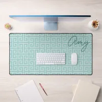 Teal Greek Key Pattern Monoline Name Desk Mat