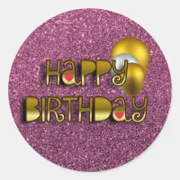 Glittery Shiny Happy Birthday Script Typography Classic Round Sticker