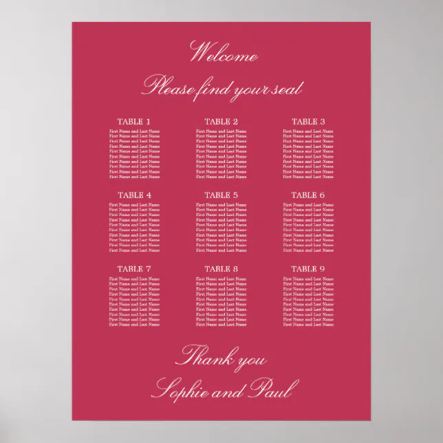 Carmine Magenta 9 Table Seating Chart Poster