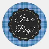 Large It's a Boy! Baby Shower Blue Plaid Stickers