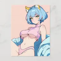 Sexy Anime Woman In Pink With Blue Hair Postcard