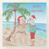 Santa Claus Building Snowman on Beach Glass Coaster