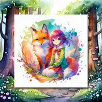 Pretty Watercolor Anime Girl and Fox Poster