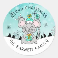 Personalized Cute Merry Christmas Mouse Snowflakes Classic Round Sticker